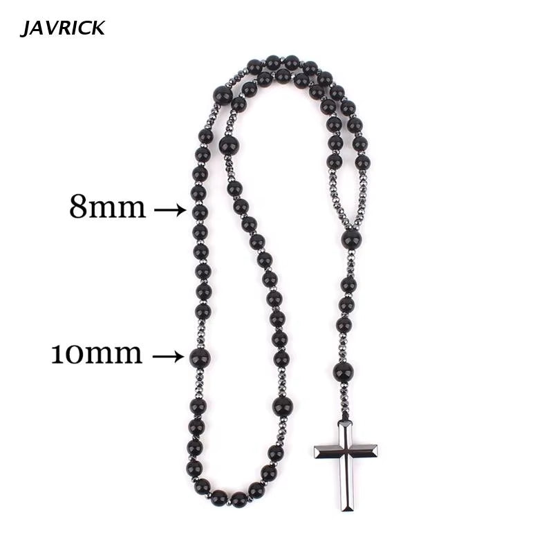 Hematite Blessing Rosary Prayer Necklace with Cross Pendant Religious Jewelry Cross Religious Amulet Long Chain Rosary