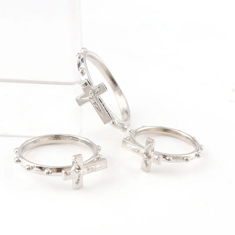Cross Religious Ring Set 12Pcs/Pack Silver Color Catholic Wedding Ring Catholic Crucifix Ring Religious Wedding Jewelry Gifts