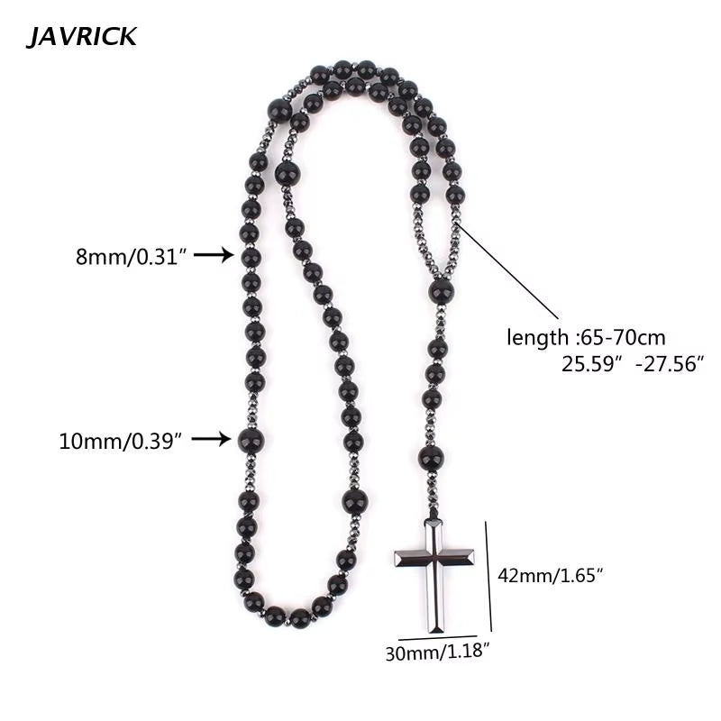 Hematite Blessing Rosary Prayer Necklace with Cross Pendant Religious Jewelry Cross Religious Amulet Long Chain Rosary