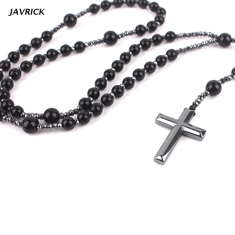Hematite Blessing Rosary Prayer Necklace with Cross Pendant Religious Jewelry Cross Religious Amulet Long Chain Rosary