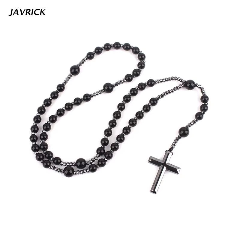 Hematite Blessing Rosary Prayer Necklace with Cross Pendant Religious Jewelry Cross Religious Amulet Long Chain Rosary