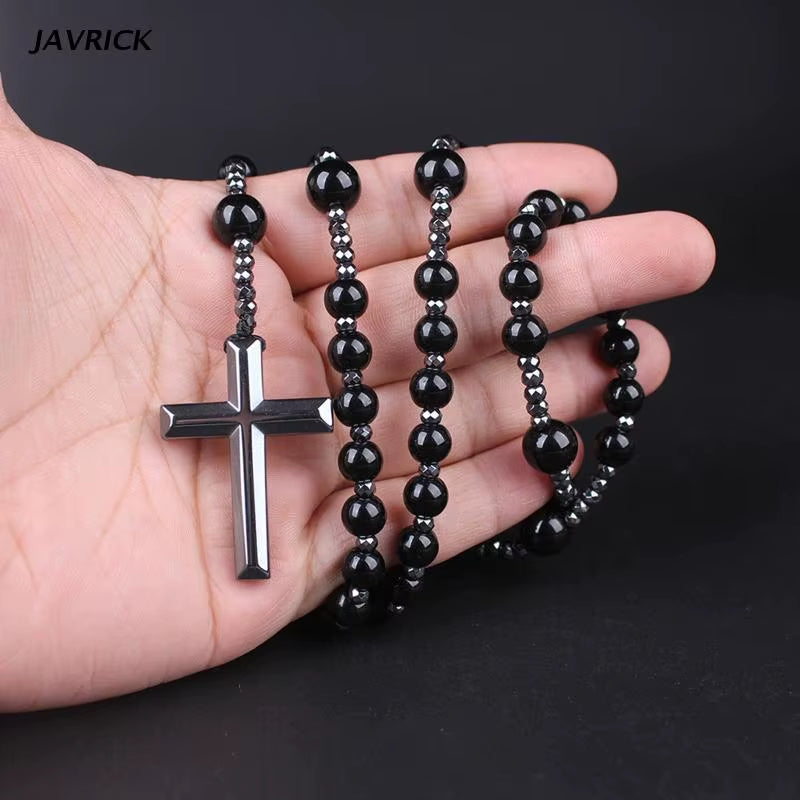 Hematite Blessing Rosary Prayer Necklace with Cross Pendant Religious Jewelry Cross Religious Amulet Long Chain Rosary