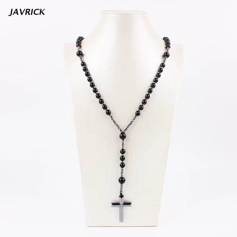 Hematite Blessing Rosary Prayer Necklace with Cross Pendant Religious Jewelry Cross Religious Amulet Long Chain Rosary